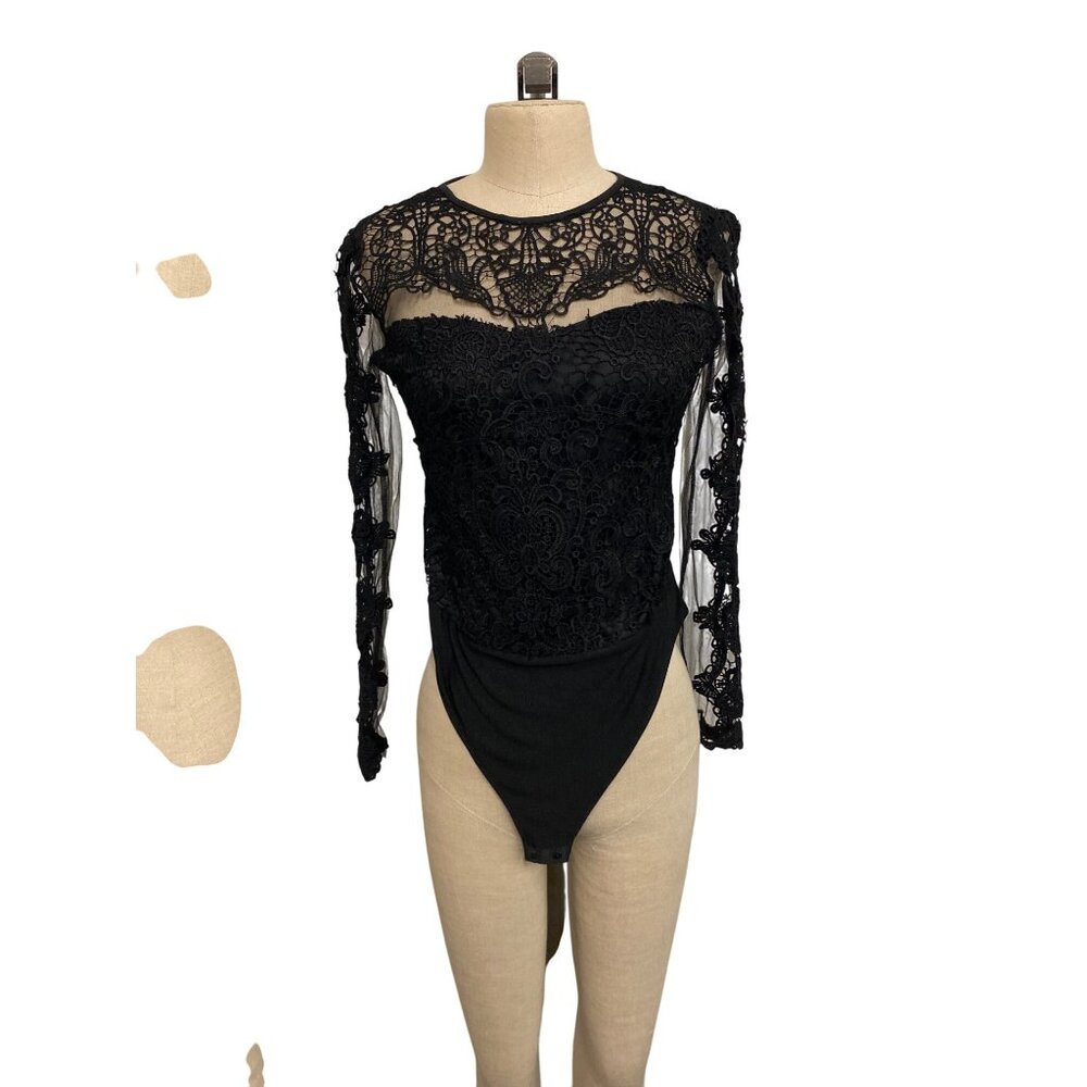 Black Lace & Mesh Long Sleeve Bodysuit Size S